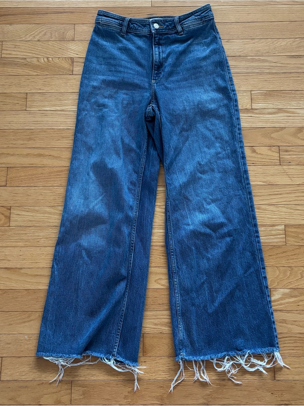 MNG Catherines Dark Blue Wide-Leg Jeans with Frayed Hem size 6